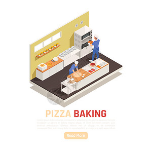 比萨饼店烘焙服务区等距成与滚动添加配料烤箱矢量插图图片