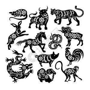 中国十生肖的神动物切割黑色的纸白色背景矢量插图图片