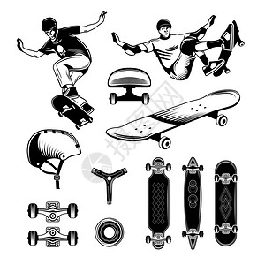 滑板手绘雕刻集与事极限运动的人同的滑板孤立矢量插图滑板雕刻套图片