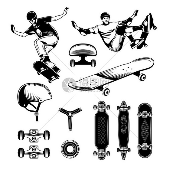 滑板手绘雕刻集与事极限运动的人同的滑板孤立矢量插图滑板雕刻套图片
