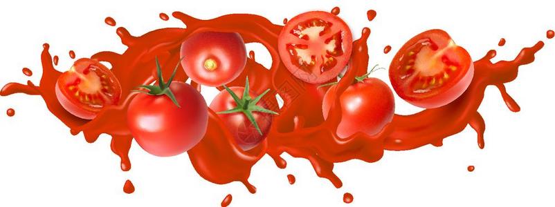 番茄汁溅出整个切片蔬菜的白色背景现实矢量插图图片