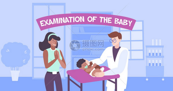 儿科婴儿成与扁平的人类特征的父母婴儿室内医生办公室矢量插图儿科婴儿检查成图片