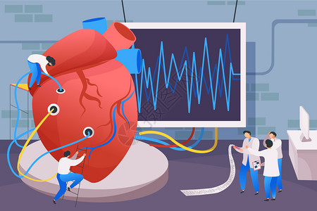 医疗中心平成与人的心脏连接心仪屏幕与电线医生字符矢量插图图片