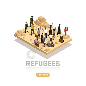 难民等距矢量插图与方会议的群人逃离战争,需要帮助图片