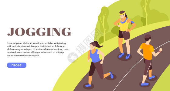 慢跑户外活动生活方式推广等距登陆页网页横幅与农村道路跑步人群矢量插图图片