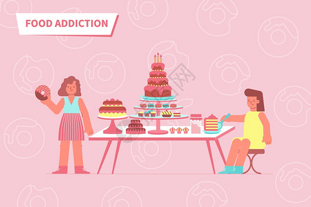 替换文字分类结构图食物成瘾的爱情作文与文字平图像的桌子充满糖果与人的矢量插图插画