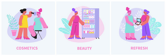 化妆品集三个方形作文与文字涂鸦风格的女人物与美容产品矢量插图图片