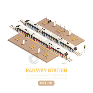 列车火车站等距背景与阅读更多按钮可编辑文本平台与城际列车矢量插图图片