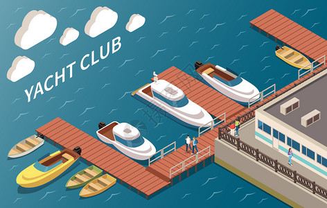 豪华游艇俱乐部帆船摩托艇系泊设施建筑角海景等距构图矢量插图背景图片