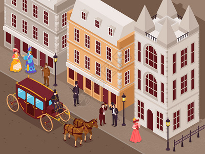 维多利亚时代的街道与城市住宅,绅士,女士,时尚的卡罗琳裙,马车等距视图矢量插图图片