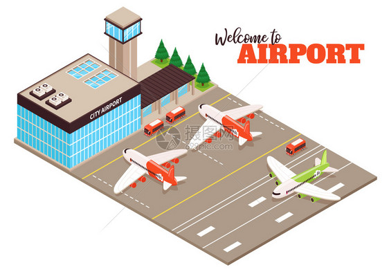 城市机场航站楼机场室外设施等距成与机场飞机巴士跑道着陆平矢量图图片