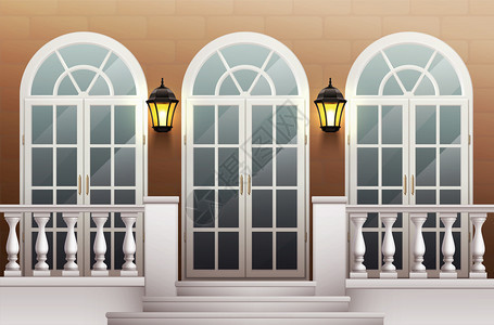 经典的宫殿正与璃前门门廊露台与栏杆现实背景矢量插图图片