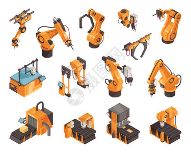 工厂机器人自动化机械等距图标白色背景三维矢量插图上图片