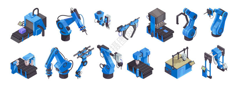 等距机器人自动化彩色图标蓝色机器人手臂工具矢量插图高清图片
