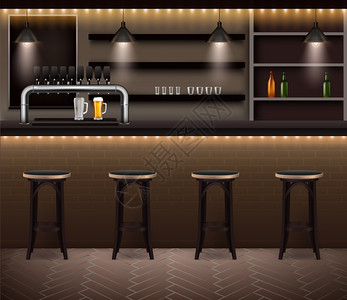 酒吧时髦的内部与酒吧凳子排附近的柜台,配备了生啤龙头现实矢量插图图片