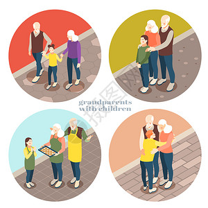 祖父母与子女2x2与老人下棋步行与他们的孙子等距矢量插图图片