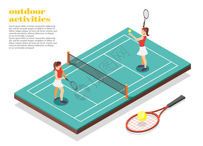户外活动等距背景,两个轻女孩穿着泳衣球场矢量插图上打网球图片