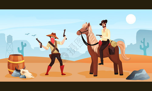 狂野西部彩色卡通海报与牛仔骑马会议与歹徒持两矢量插图图片