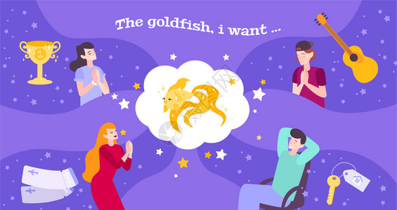 金鱼梦平构图与思想泡泡金鱼涂鸦人类人物与他们的愿望矢量插图图片