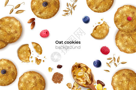 逼真的燕麦饼干框架背景与可编辑的文本图片种子饼干浆果矢量插图图片