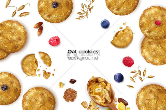逼真的燕麦饼干框架背景与可编辑的文本图片种子饼干浆果矢量插图图片