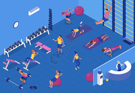 等距背景与人们氧体重训练与健身设备健身房三维矢量插图图片