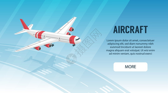 飞机客机水平横幅与飞机飞行以上机场飞跑道三维等距矢量插图插画