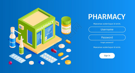 等距药房水平横幅与药丸的图像登录按钮与用户名密码字段矢量插图图片