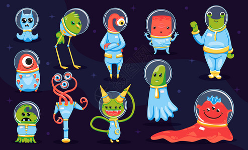 儿童游戏收集彩色怪物外星人卡通人物黑暗背景孤立矢量插图背景图片