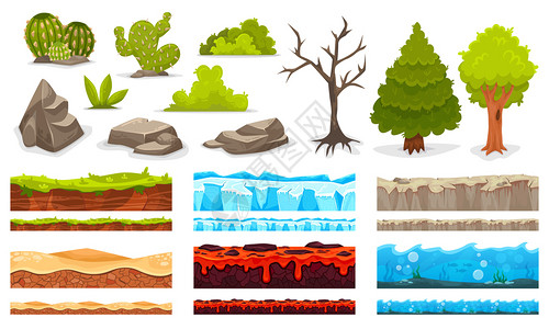 卡通景观植物石头浮雕为游戏用户界隔离矢量插图图片