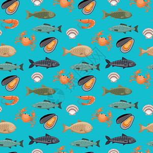 蓝色背景上同类型的鱼的无缝图案水下动物矢量平插图图片