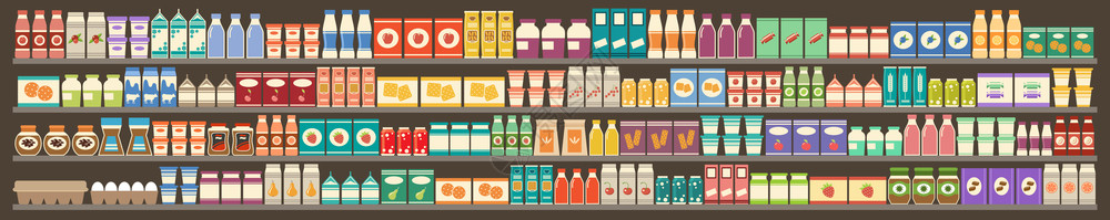超市,货架上产品饮料乳制品,谷物,糖果,果汁,蜜饯矢量平插图图片