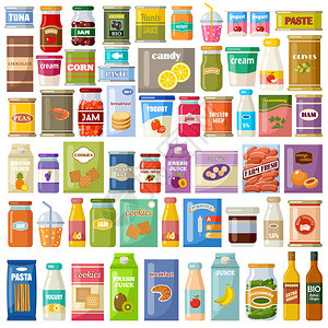 白色背景上的产品杂货店美食学罐头食品,果汁,果酱,饼干矢量平插图背景图片