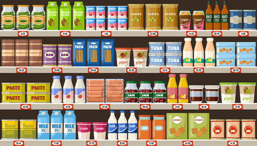 超市,货架上产品饮料矢量平插图图片