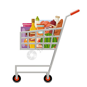 带产品的杂货店购物车全超市食品篮超市矢量插图图片