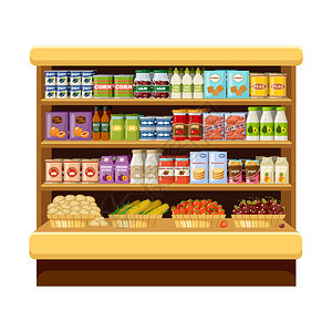 超市,货架上产品饮料储藏室矢量平插图图片