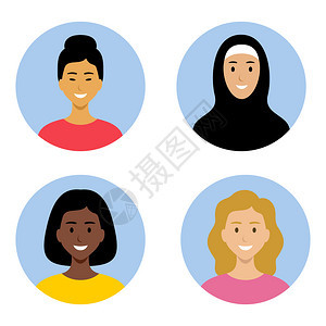 同国籍轻妇女的化身非裔美国人,亚洲人,穆斯林,欧洲人矢量平插图图片