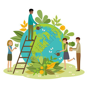 生态人们关心地球保护自然地球日地球与植物志愿者矢量插图图片