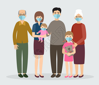 家庭戴着保护医疗具妈妈,爸爸,祖母,祖父,孩子流行病病矢量平插图图片