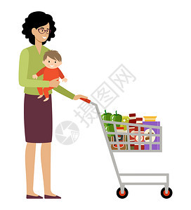 女人购物者带着购物篮婴儿矢量平插图图片