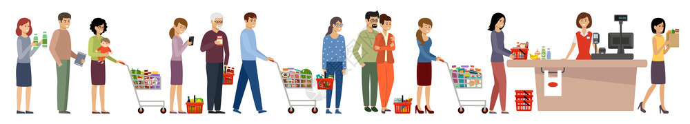 杂货店排队购物车带食物的篮子的人矢量平插图图片