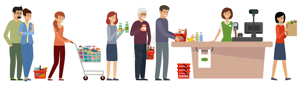 杂货店排队购物车带食物的篮子的人矢量平插图图片