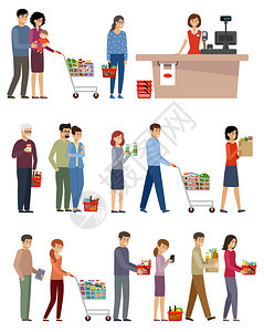 购物车带食物的篮子的人矢量平插图图片