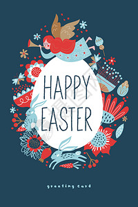 节日贺卡的矢量模板弹簧复活节快乐拼贴复活节元素,花,兔子,天,彩绘鸡蛋蓝色背景上的矢量插图快乐复活节背景图片