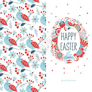 节日贺卡的矢量模板弹簧复活节快乐拼贴复活节元素,花,兔子,天,彩绘鸡蛋快乐复活节贺卡的矢量模板背景图片