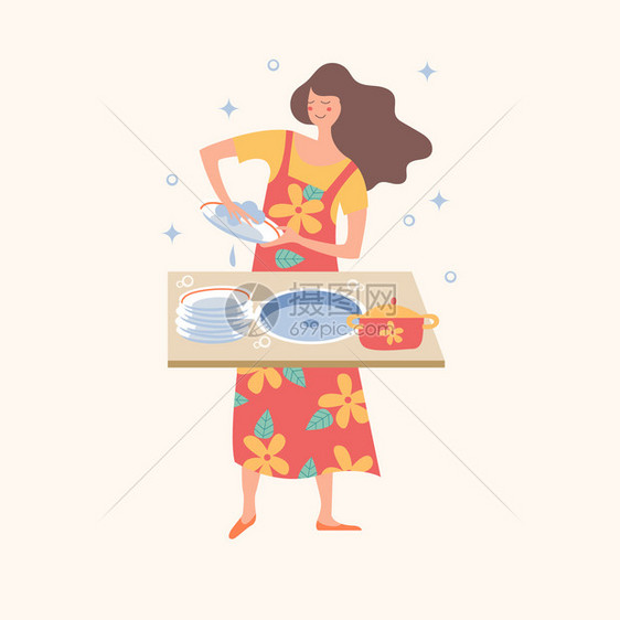 家庭作业个穿着五颜六色衣服的开朗女孩洗碗光背景上的矢量插图家庭作业个女孩洗盘子矢量插图图片