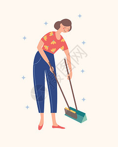 女孩扫地家务工作光背景上的矢量插图女孩扫地家务工作矢量插图图片