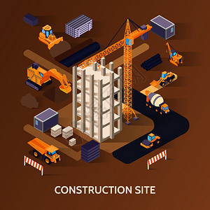 建筑工地材料机械等距的棕色背景三维矢量插图图片