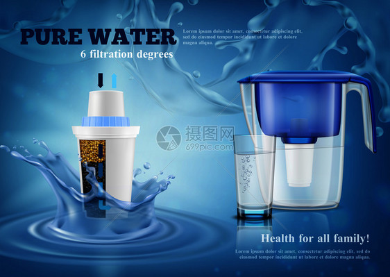 家用水过滤器净化水罐与更换墨盒全璃现实广告成蓝色飞溅背景图片