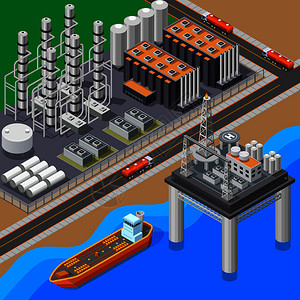 等距成与炼油厂油轮海上平台三维矢量插图图片